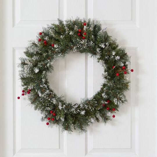 Nearly Natural 24" Artificial Frosted Swiss Pine Wreath with Berries